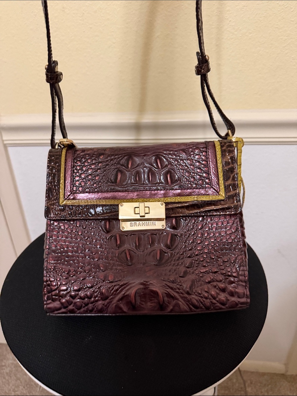 Brahmin Croc-Embossed Crossbody Bag in Plum with Gold Trim